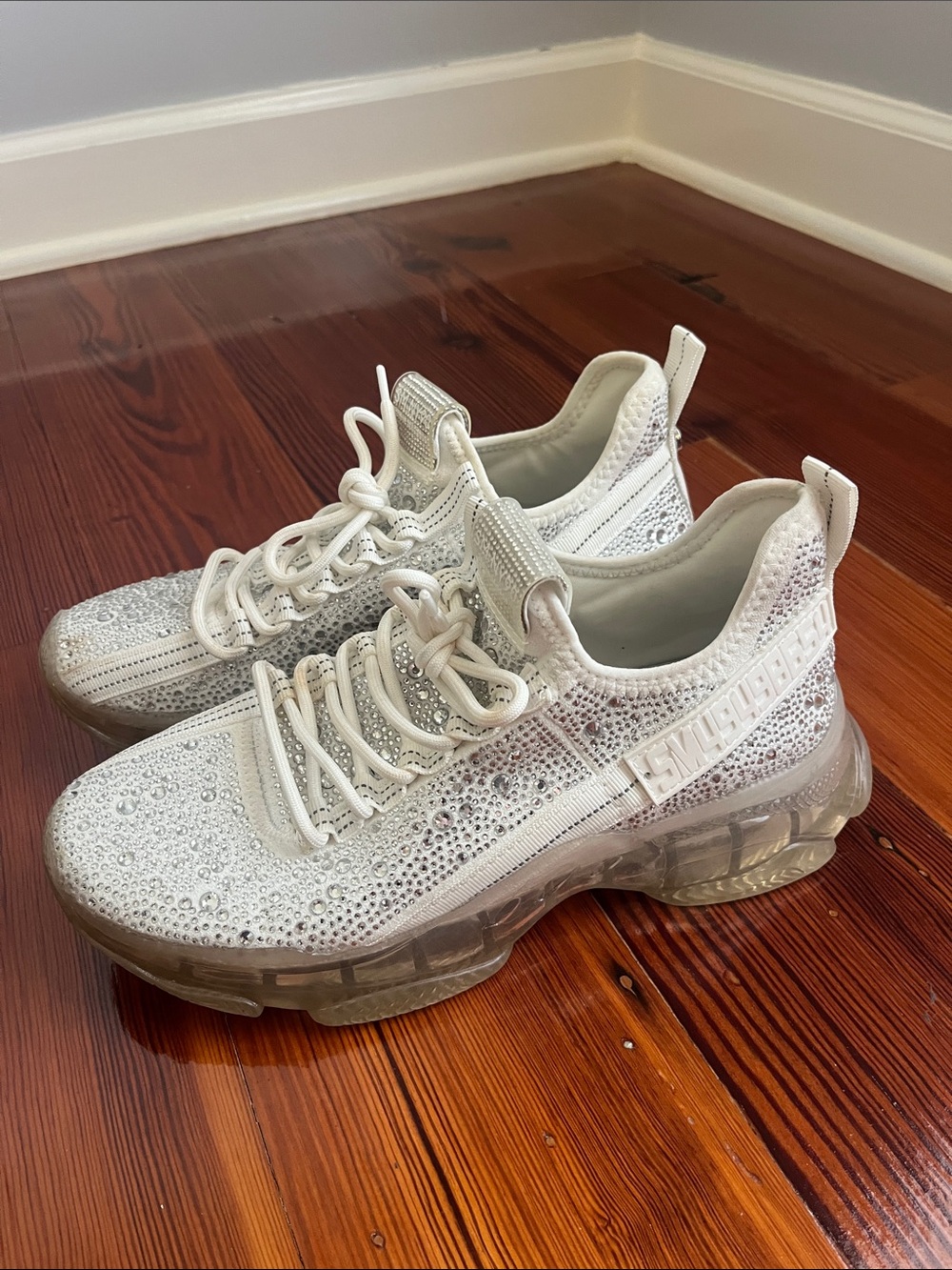 Steve Madden White Crystal-Embellished Knit Sneakers